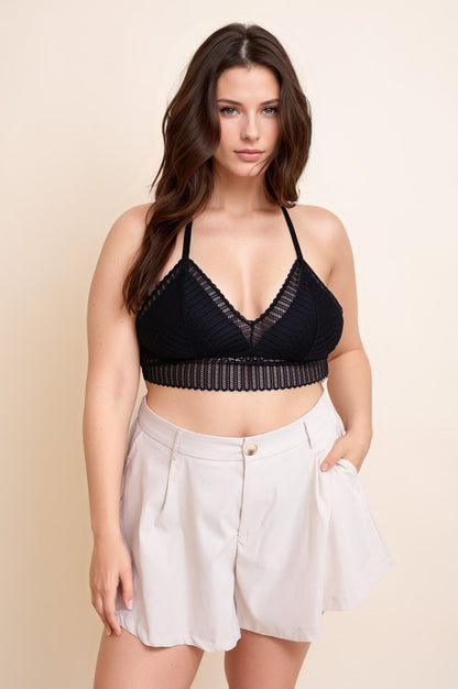 Leto Collection plus size boho bralette in black featuring a delicate lace design and adjustable straps