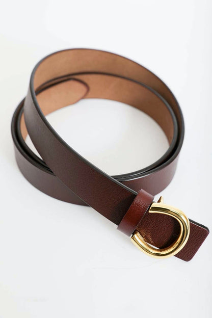 Leto Collection minimalist gold horseshoe belt in brown leather for stylish outfits