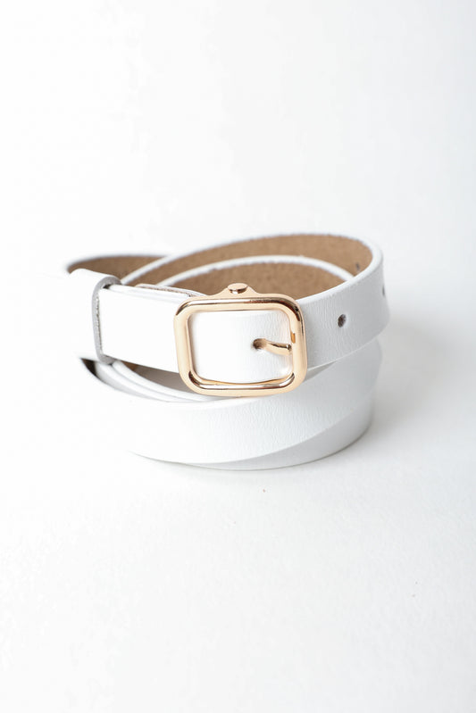 Leto Collection skinny leather belt for women in white with a gold buckle for a stylish finish
