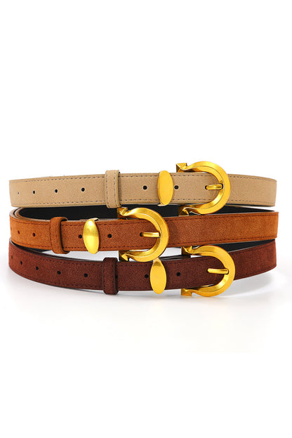 Set of three boho suede belts for women in tan, brown, and dark brown with gold-tone buckles