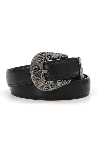 Black leather antique floral western belt with an intricately designed silver buckle