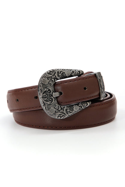 Antique floral western belt in brown leather with an ornate silver buckle for stylish western outfits