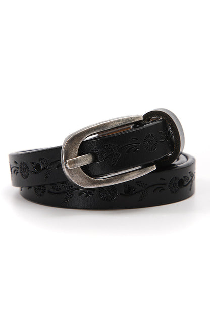 Black floral embossed skinny leather belt with a metal buckle for stylish outfits