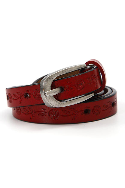 Floral embossed skinny leather belt in red with a silver buckle, perfect for adding style to any outfit