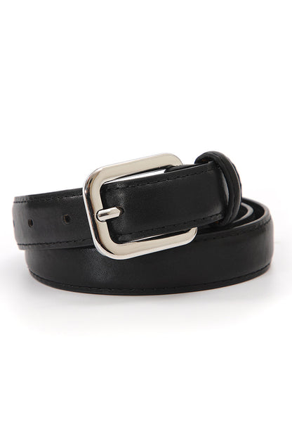 Classic silver buckle belt women in black leather with a sleek design for versatile styling