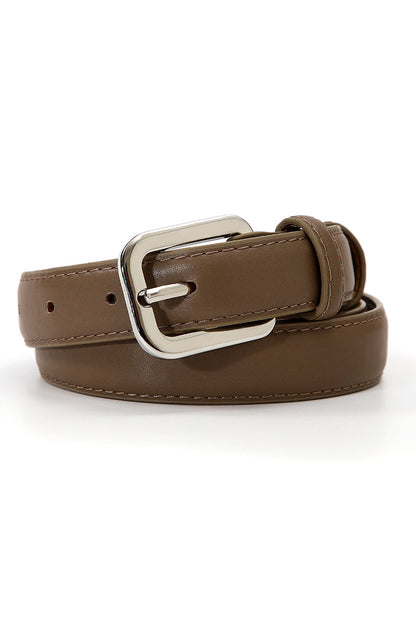 Classic silver buckle belt women in brown faux leather for versatile styling options