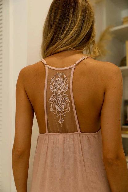 Leto Collection Boho Tattoo Back Slip Dress in soft pink with elegant lace detailing