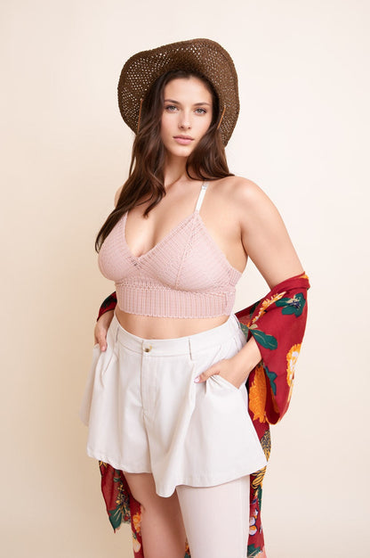 Leto Collection plus size boho bralette in soft pink with a knitted design and adjustable straps