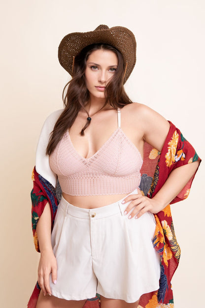 Plus size boho bralette by Leto Collection in soft pink with crochet details and adjustable straps