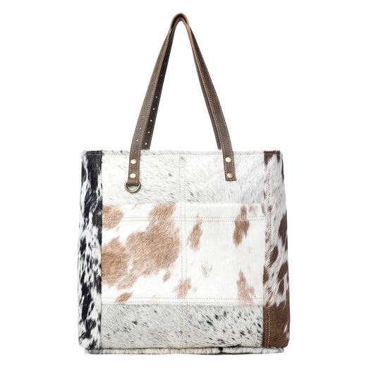 Myra Mesa Trail Patchwork Hairon Tote Bag for Women Rustic Cowhide Design, Brown Leather Handles for Everyday Utility