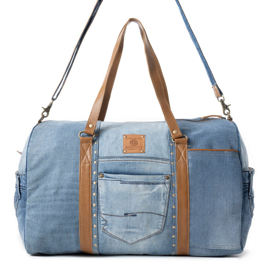 Wildberry Voyager Traveler Bag in Cranberry Denim Blue, view 1 — Soul Flow Apparel