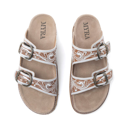 Myra Marlowe Western Handtooled Leather Sandals in Ivory Bloom