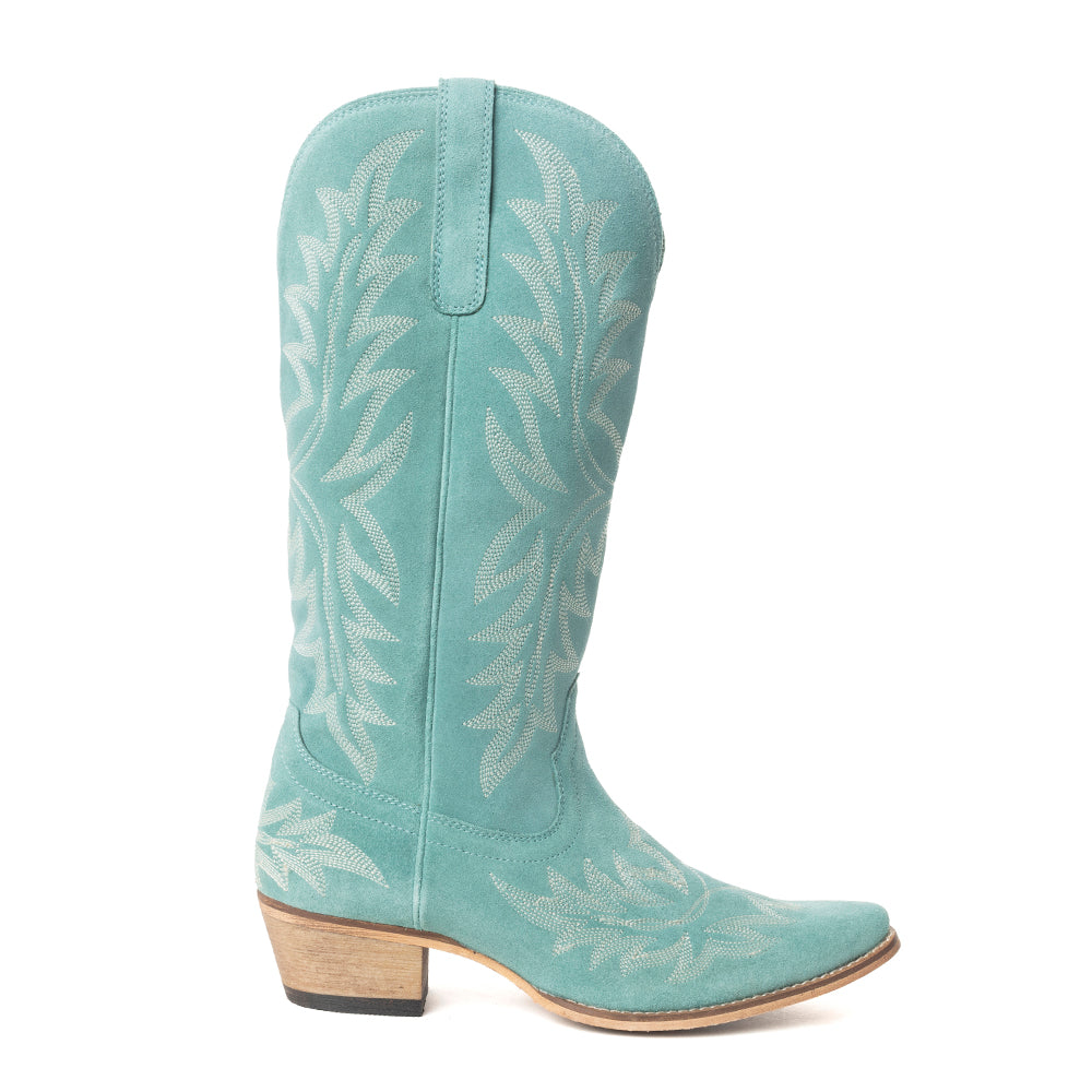 Midnight Trail Embroidered Leather Boots in Shadow Green, view 4 — Soul Flow Apparel