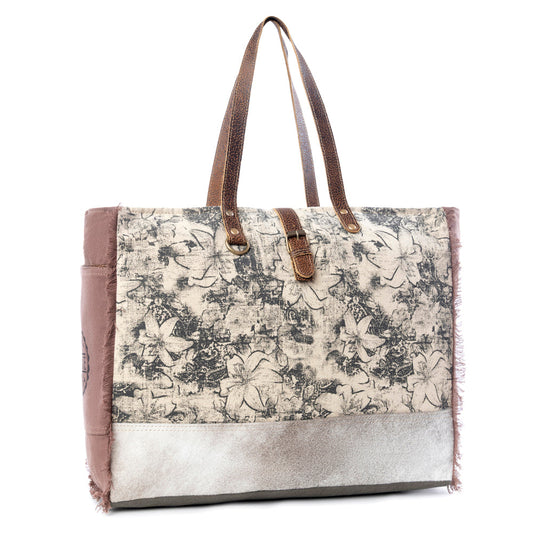 Myra Floweret Weekender Bag for Women – Floral Printed Front, Buckle Closure, Fringed Edges for Travel Chic