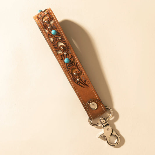 Myra River Glen Handtooled Hairon Leather Key Fob in Honey Turquoise