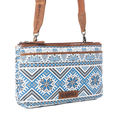Myra Tribal Hollow Cotton & Leather Crossbody Bag in Indigo Frost