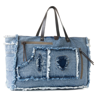 Myra Frayed Frontier Western denim Tote Bag for Women in denim blue with fringe detail