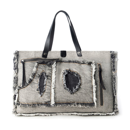 Myra Frayed Frontier Western denim Tote Bag for Women in denim black with fringe detail
