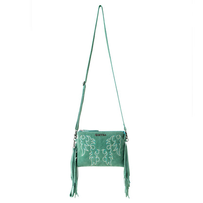 Myra Boot Stitch Suede Bag for Women in green with embroidery and fringe detail