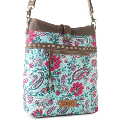 Myra Aspendale upcycled canvas Bag for Women Blue with leather details