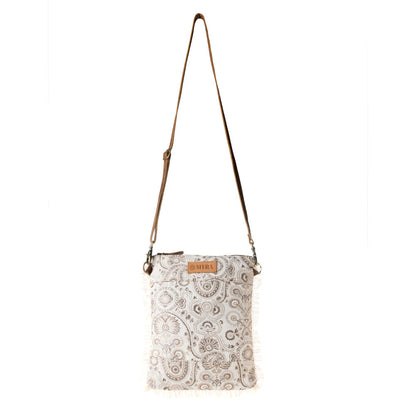 Loom Tapestry upcycled canvas crossbody Bag for Women in sage with fringe detail