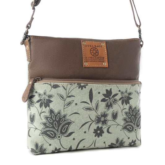 Myra Wildprint Trail upcycled canvas crossbody Bag for Women in sage with floral detail
