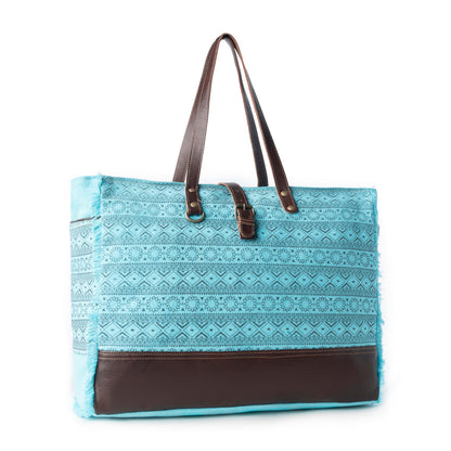 Myra Aztec Sky Western Weekender Bag for Women in turquoise with print detail