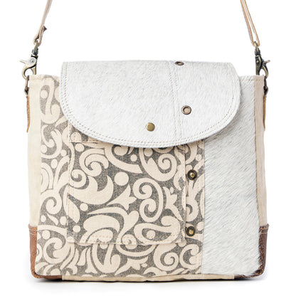 Myra Factual Hairon Leather Messenger Bag â€“ Swirl Canvas, White Hairon Flap, Rustic Straps for Everyday Western Style
