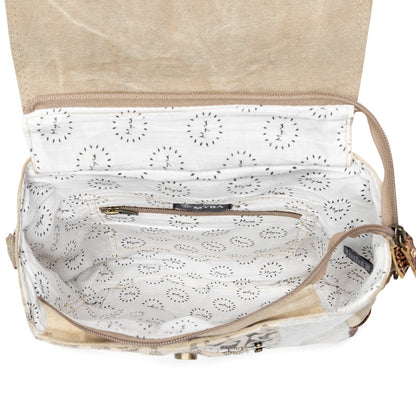 Myra Factual Hairon Leather Messenger Bag â€“ Swirl Canvas, White Hairon Flap, Rustic Straps for Everyday Western Style