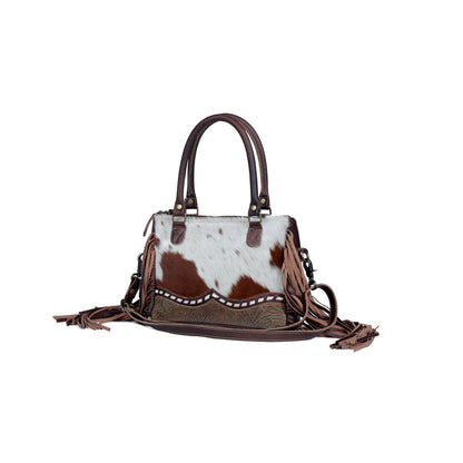 Myra Brown Freckles Concealed Carry Bag Hairon Leather with Fringe Detail and Tooled Trim, Dual Carry Western Tote