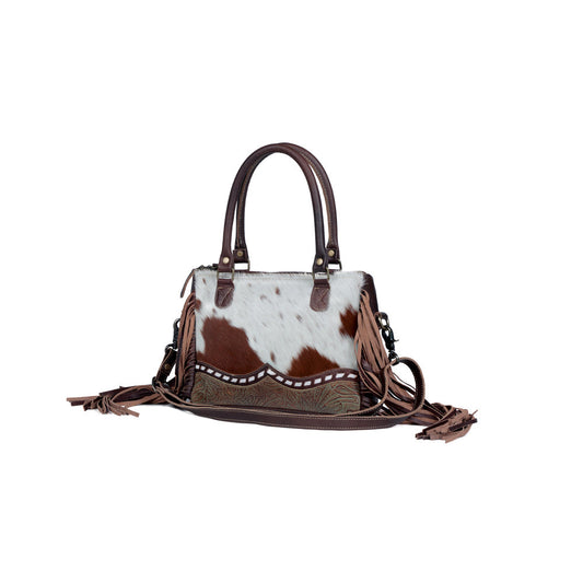 Myra Brown Freckles Concealed Carry Bag Hairon Leather with Fringe Detail and Tooled Trim, Dual Carry Western Tote