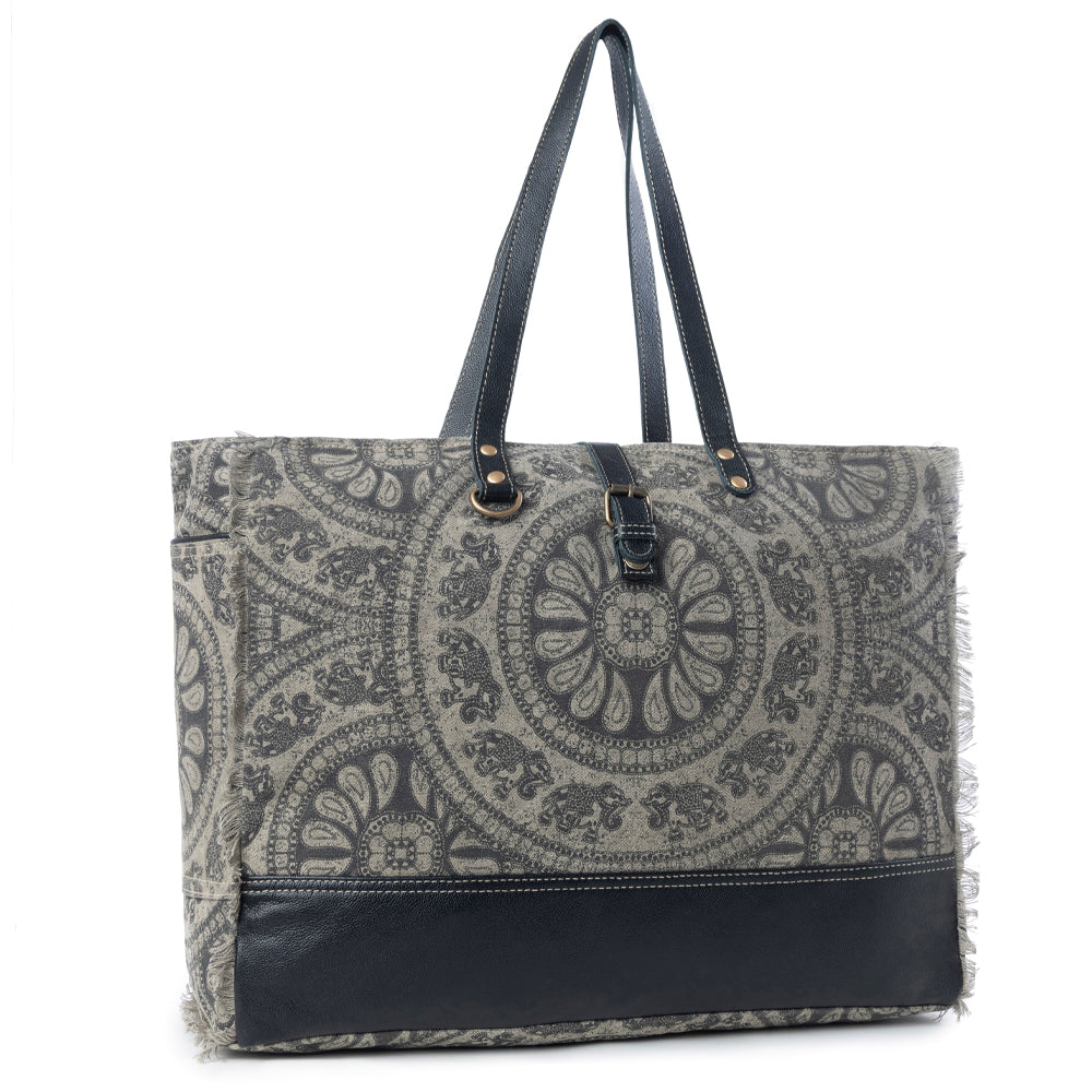 Myra Carmela Printed Canvas Weekender Bag â€“ Leather Handles with Buckle Strap, Spacious Travel Tote for Western Getaways