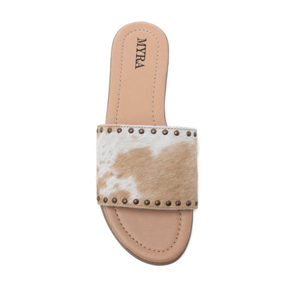 Myra Lettie Ridge Light Hair-On Leather Flip Flops for Women - Western Slide Sandals with Soft Sole for Casual Comfort