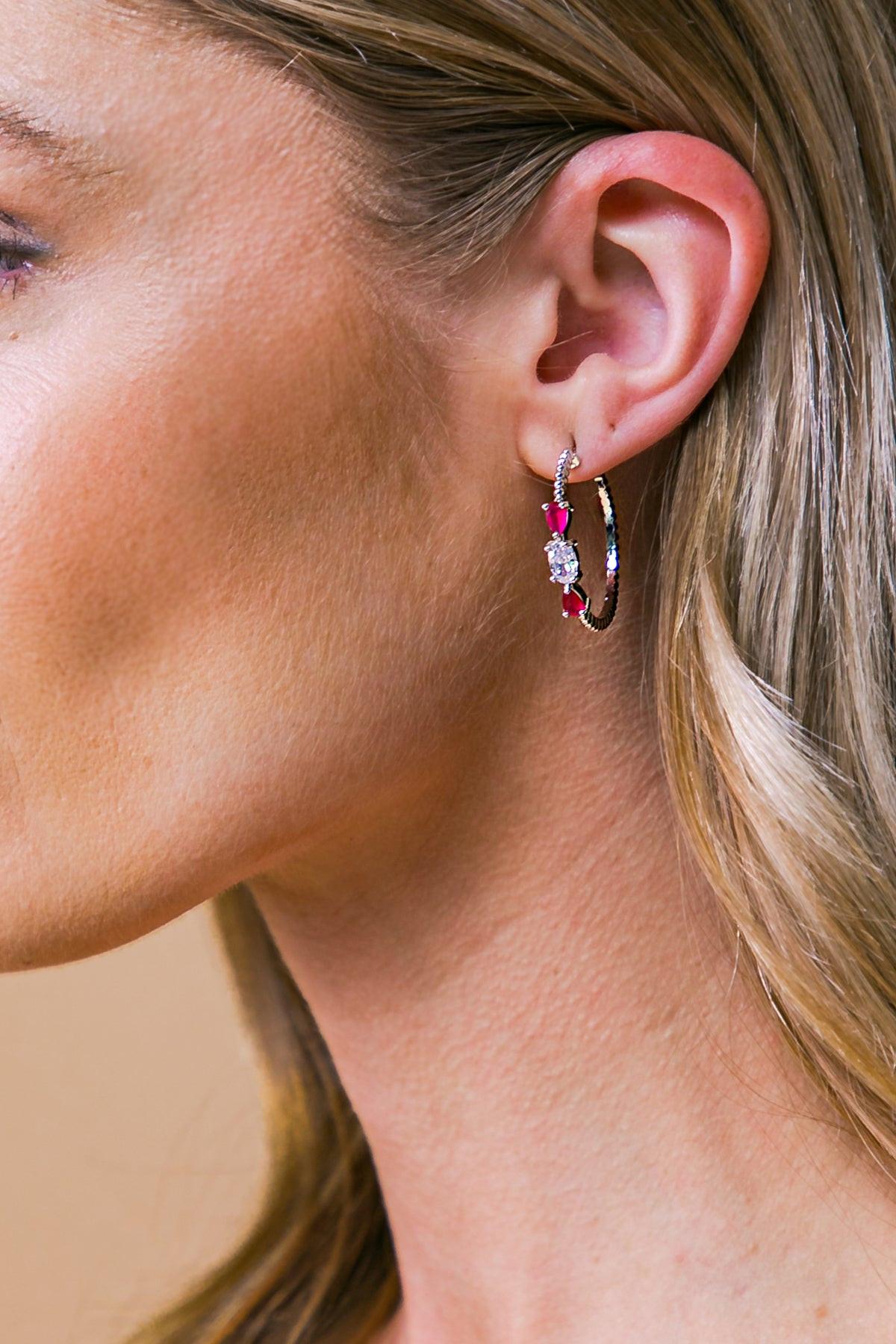 Sterling Tribal Earrings With Emerald Pink Center Stone And Cubic Zirconia