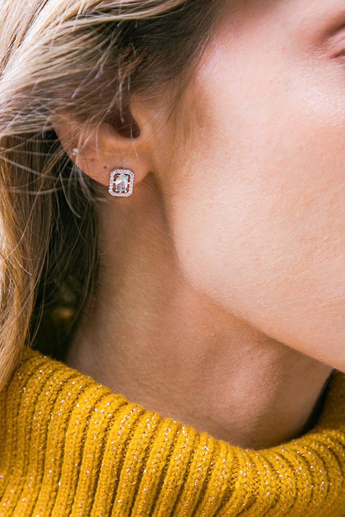 Halo Zirconia Baguette and Round Earrings with Pink Emerald Cut Center Stones