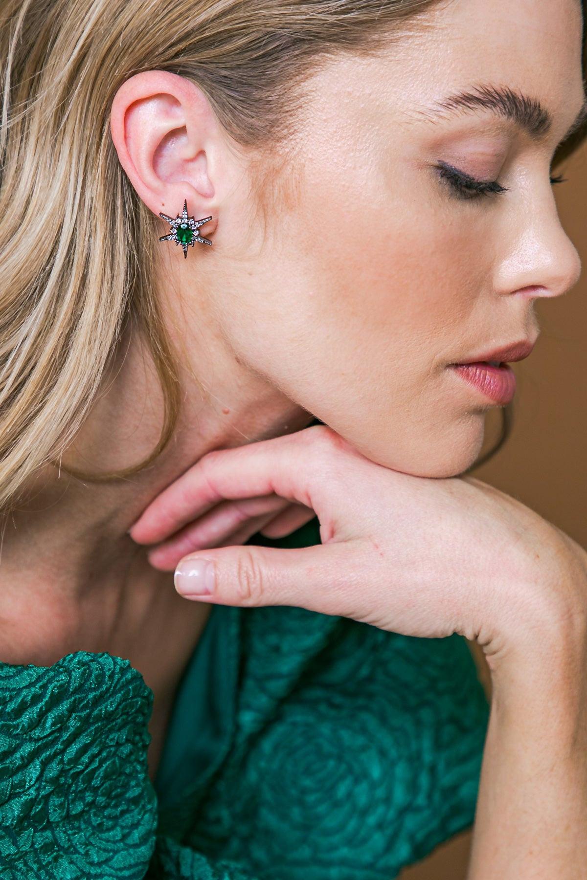 Gold Star Stud Earrings With Green Pave Gems 0.5 Inch