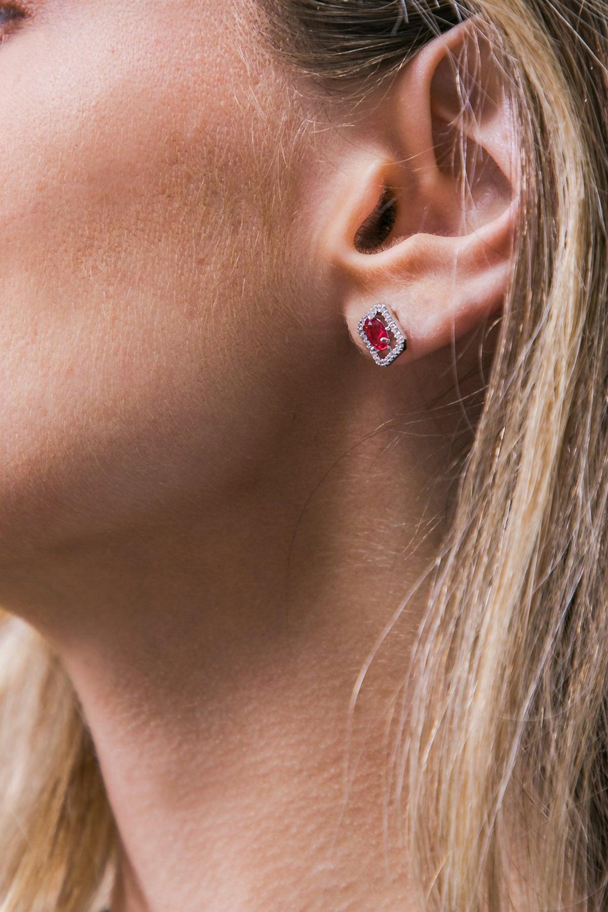 Halo Zirconia Baguette and Round Earrings with Pink Emerald Cut Center Stones