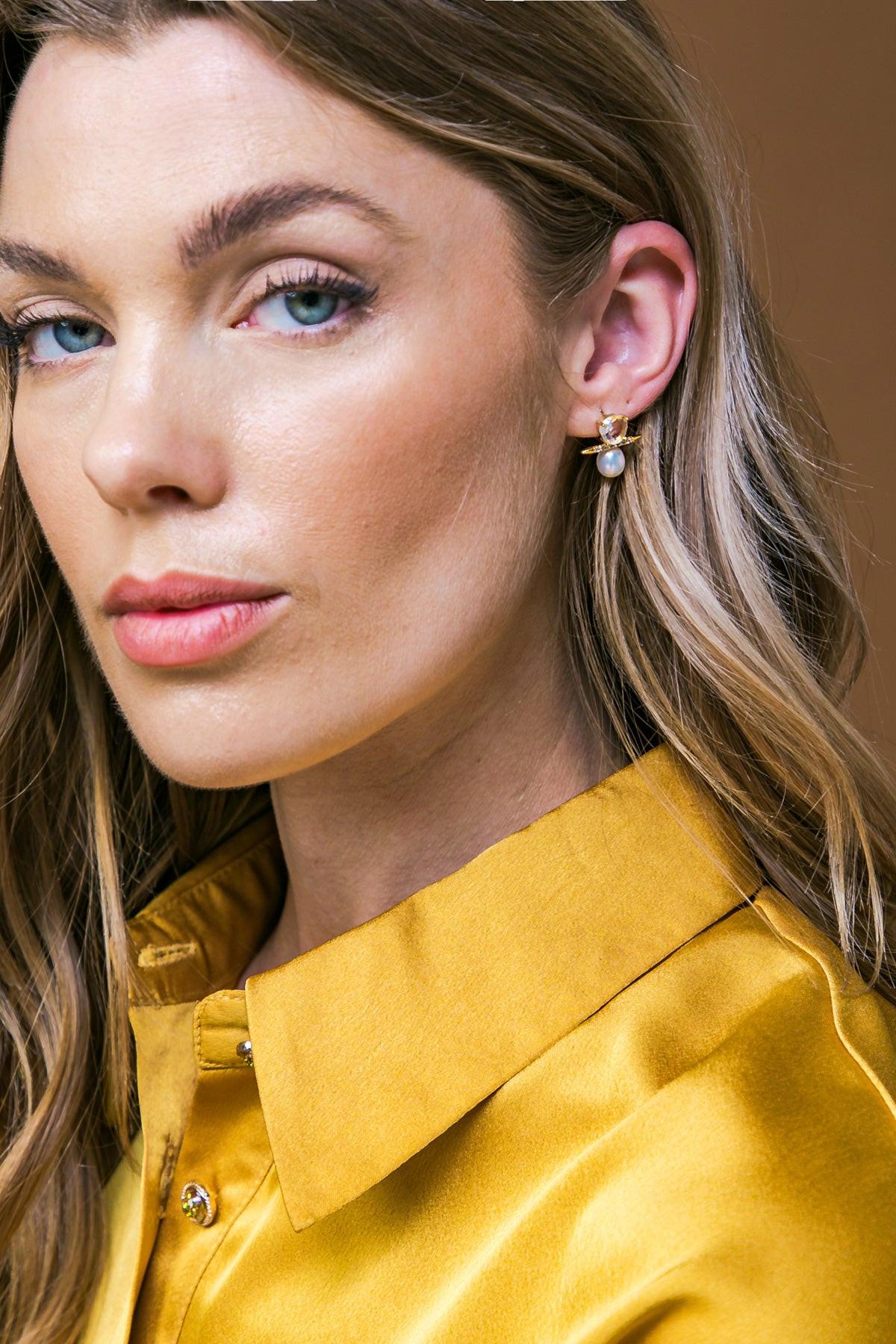 Kimberly Pearly Earrings Geometric Brass Imitation Pearl Jewelry Made In Korea