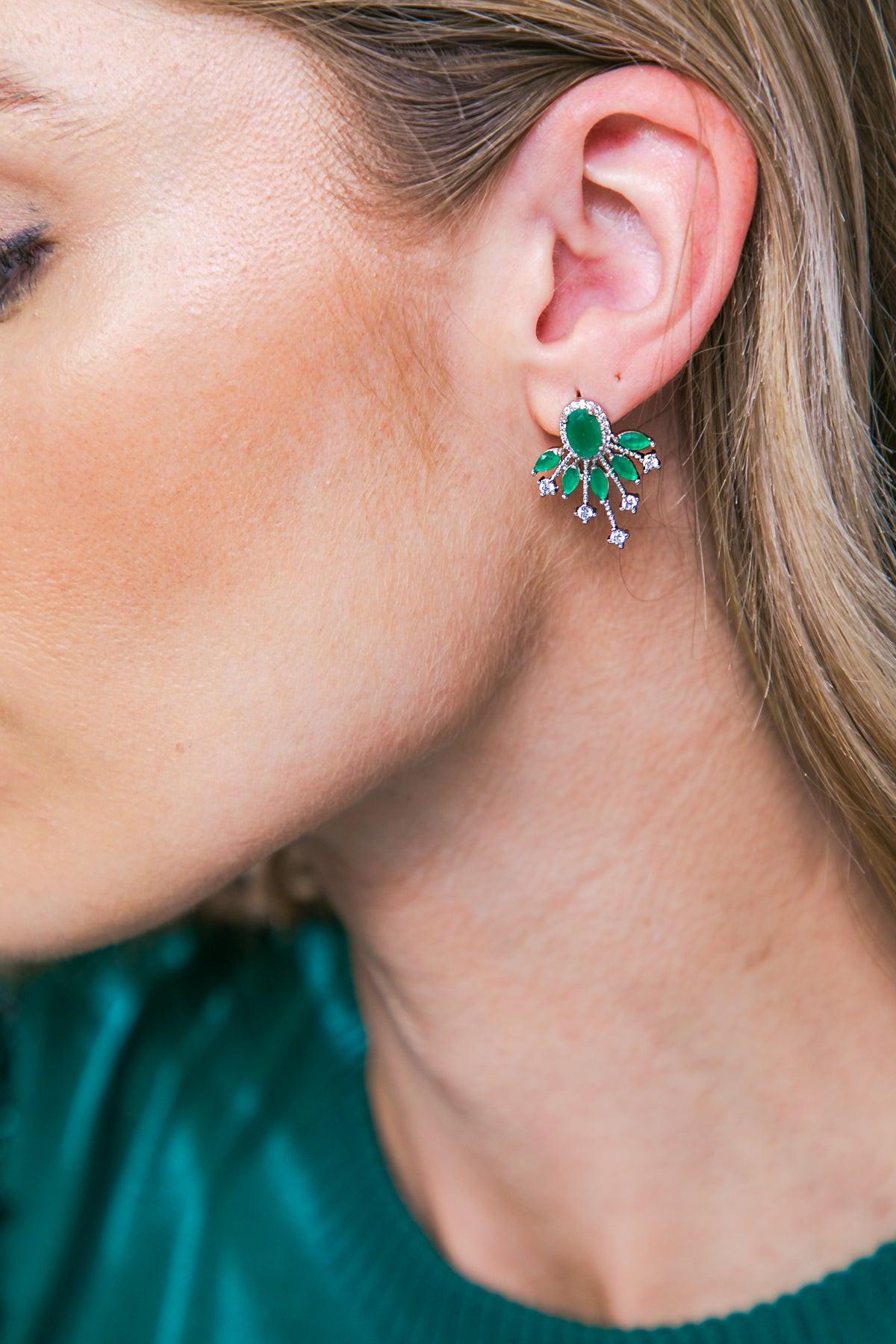 Green Starburst Fan Stud Earrings Korean Handmade Cubic Zirconia