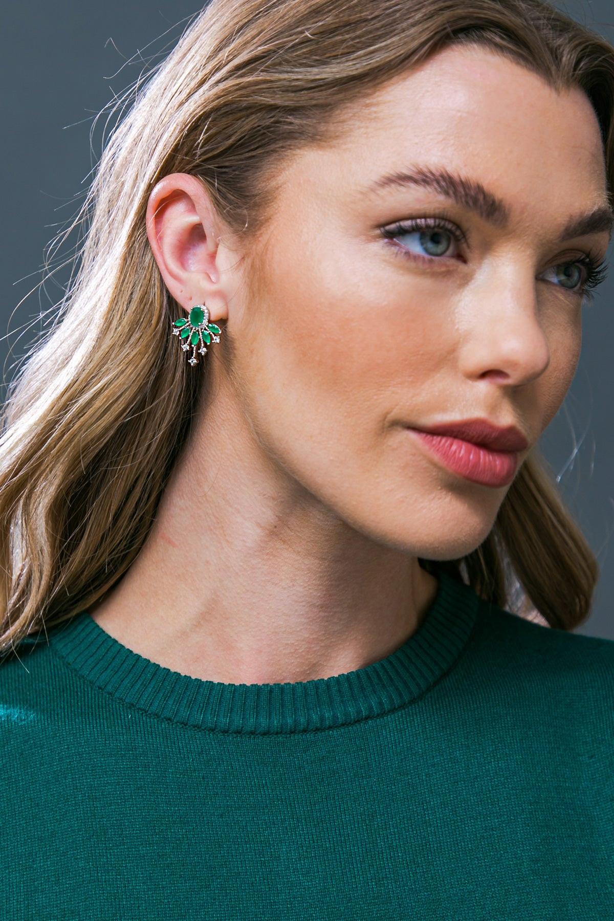 Green Starburst Fan Stud Earrings Korean Handmade Cubic Zirconia