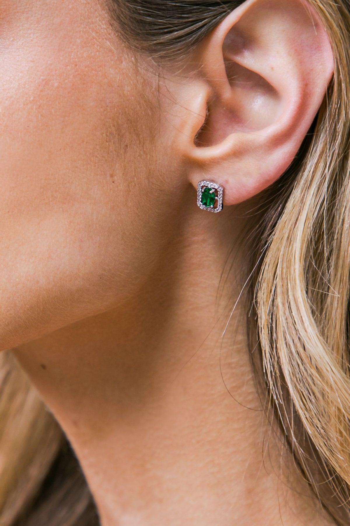 Halo Zirconia Baguette and Round Earrings with Pink Emerald Cut Center Stones