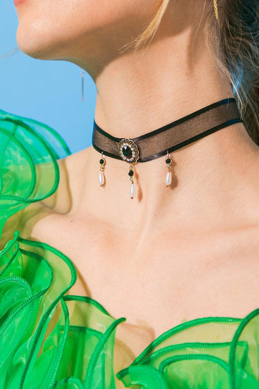 Lola Lace Choker Necklace Zirconia Metal Fabric Korean Made