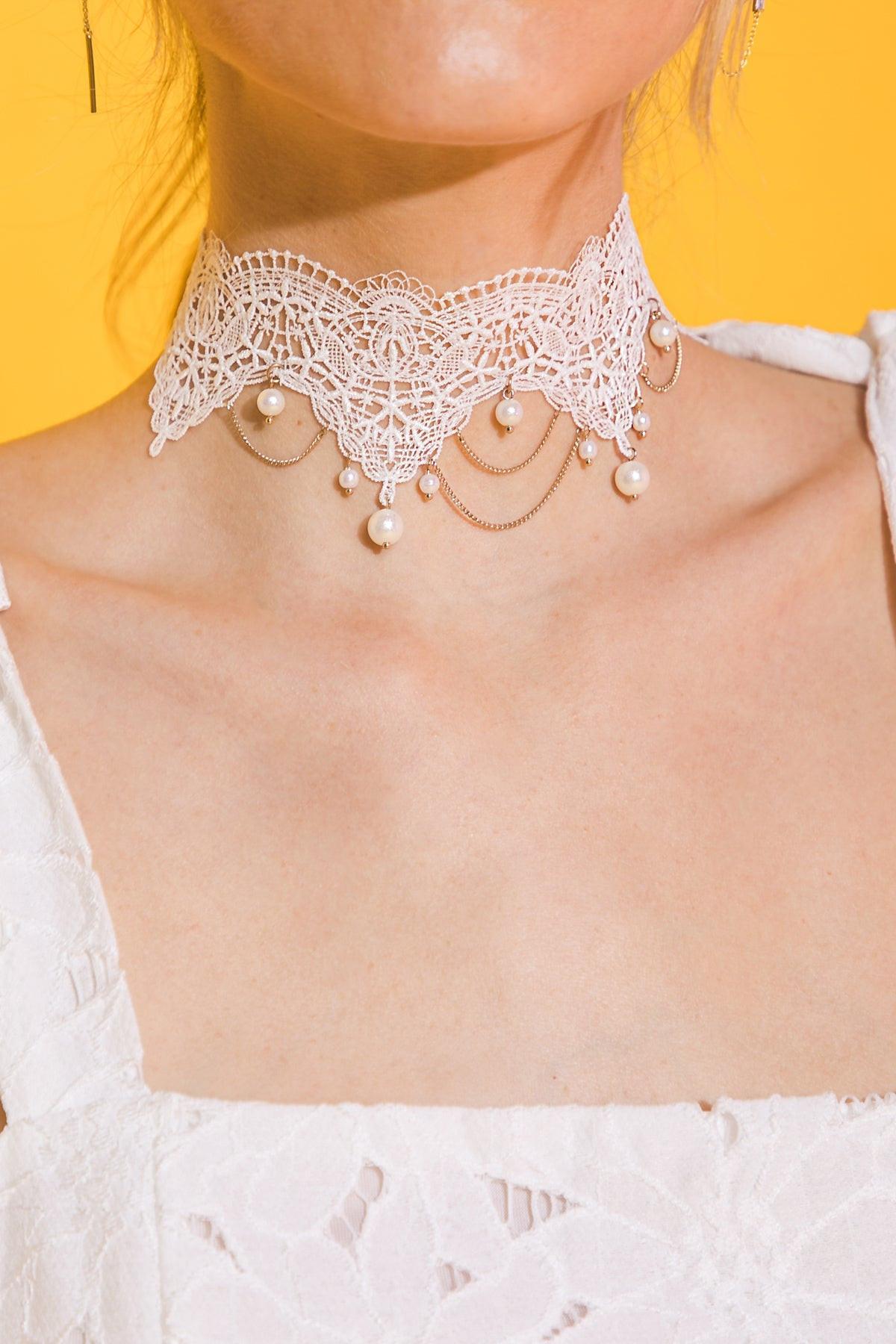 Choose Happiness Lace Pearl Choker Necklace Zinc Alloy Made In Korea