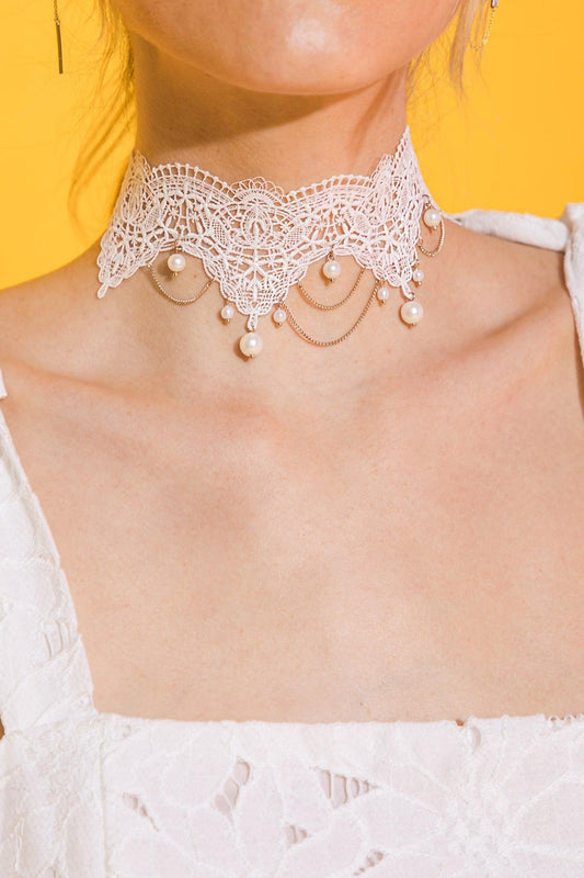 Choose Happiness Lace Pearl Choker Necklace Zinc Alloy Made In Korea