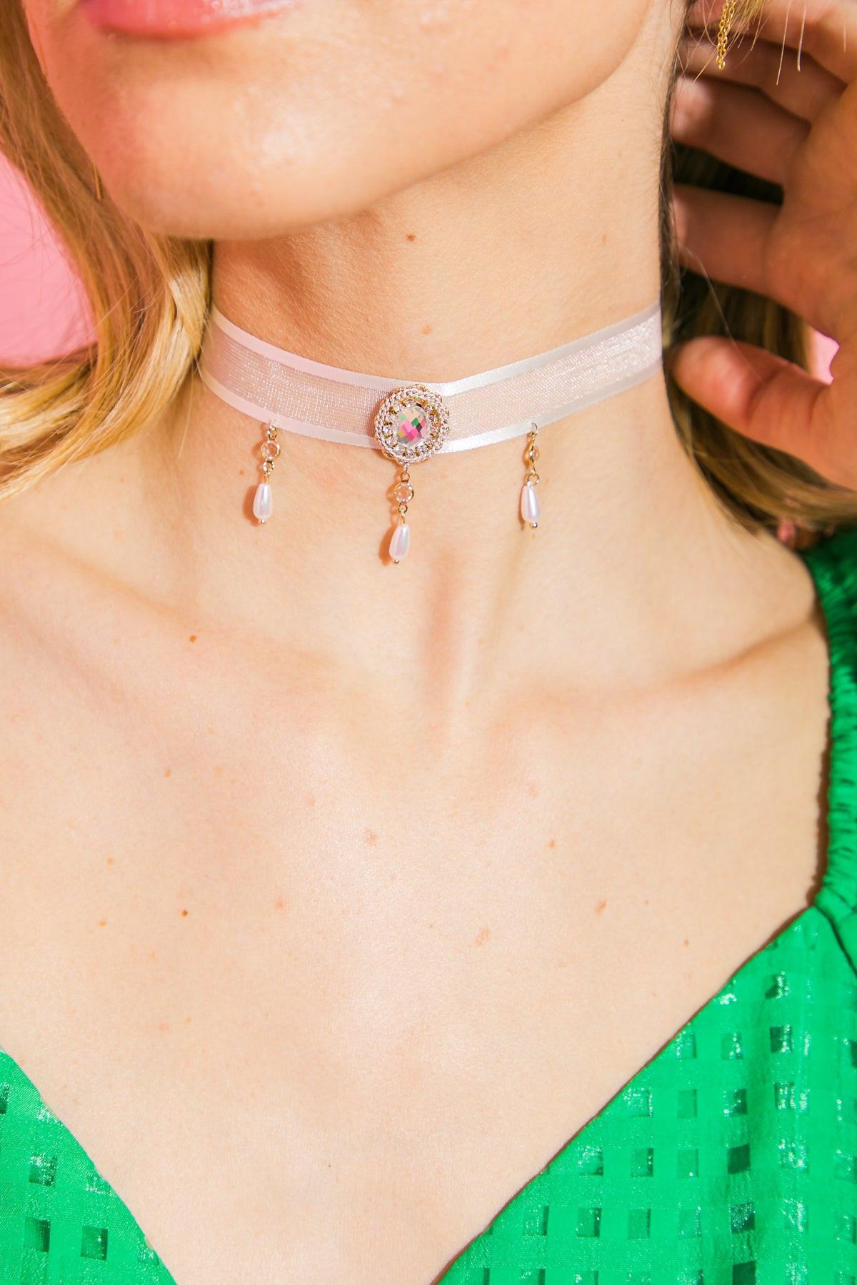 Lola Lace Choker Necklace Zirconia Metal Fabric Korean Made