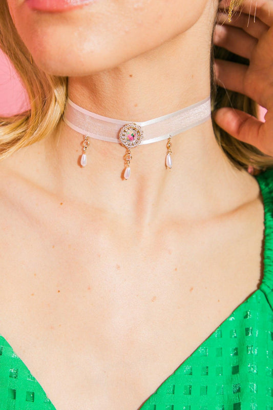 Lola Lace Choker Necklace Zirconia Metal Fabric Korean Made