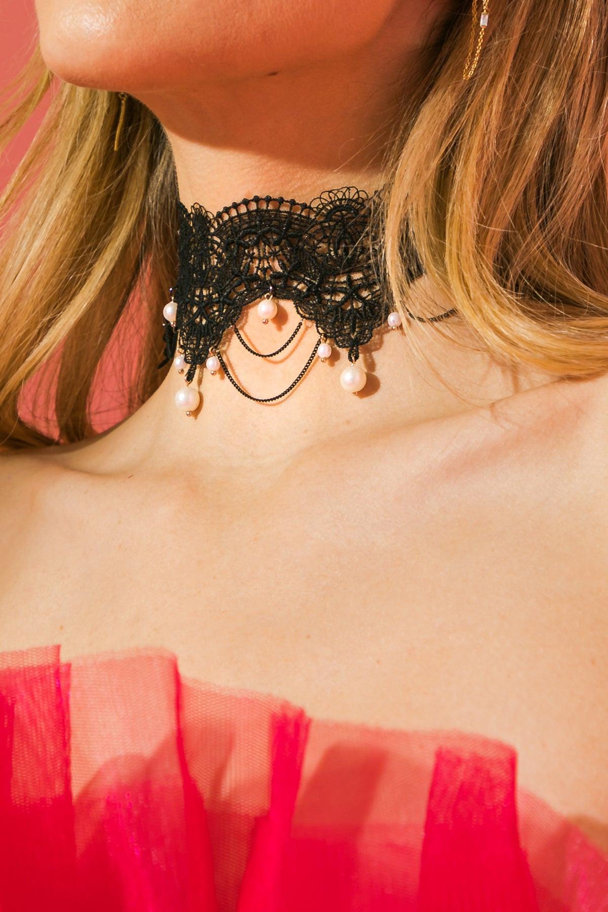 Choose Happiness Lace Pearl Choker Necklace Zinc Alloy Made In Korea