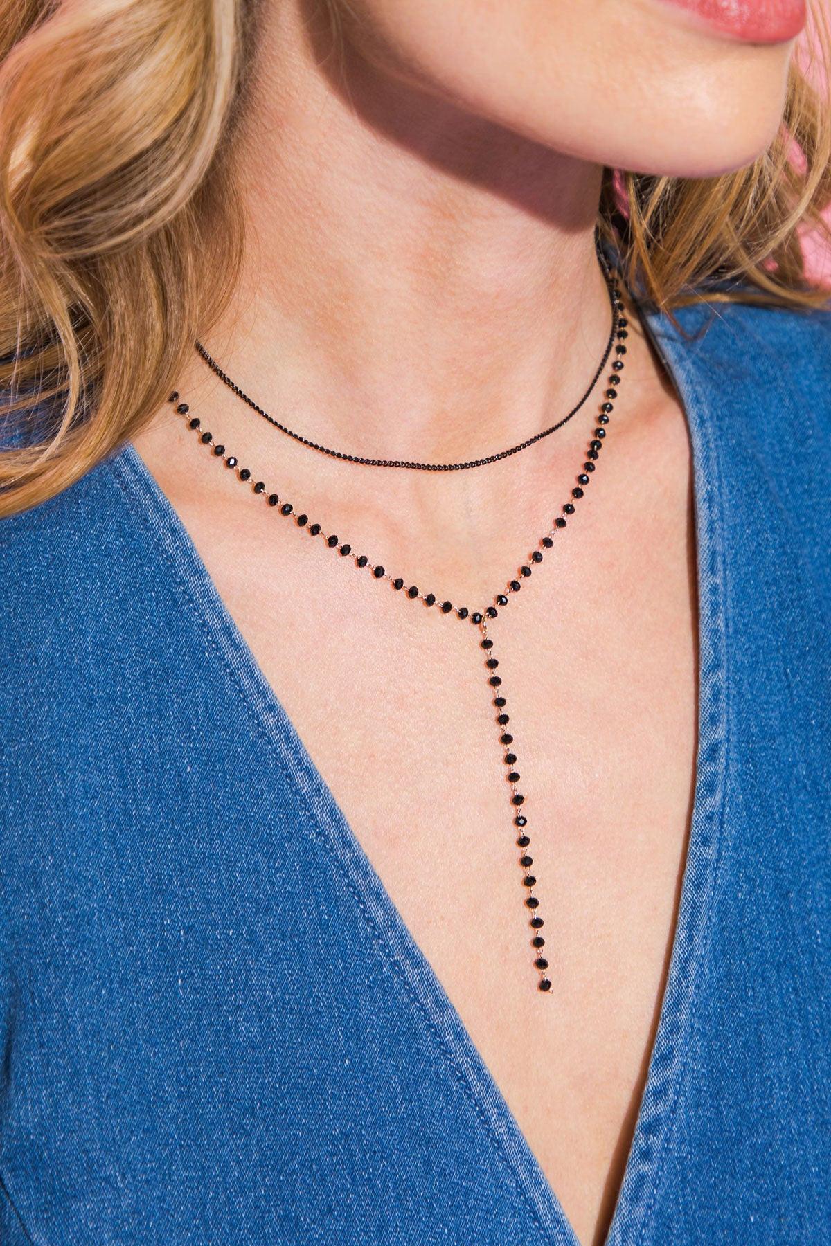 Beaded Y Necklace With Sterling Silver Chain And Cubic Zirconia Pendant
