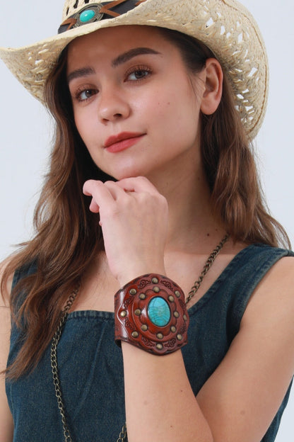 Aegean Boho Leather Cuff – Turquoise Bracelet