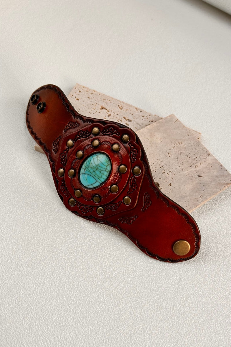 Aegean Boho Leather Cuff – Turquoise Bracelet